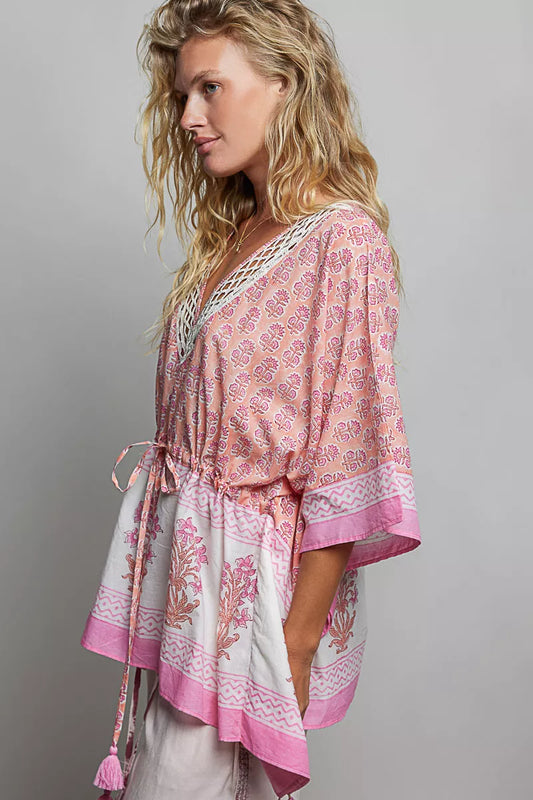 Pol Block Print Floral Tie Front Boho Blouse PINK MULTI view 2 (top) - pol blouse, pol boho blouse, pol - shop at us.meeeshop