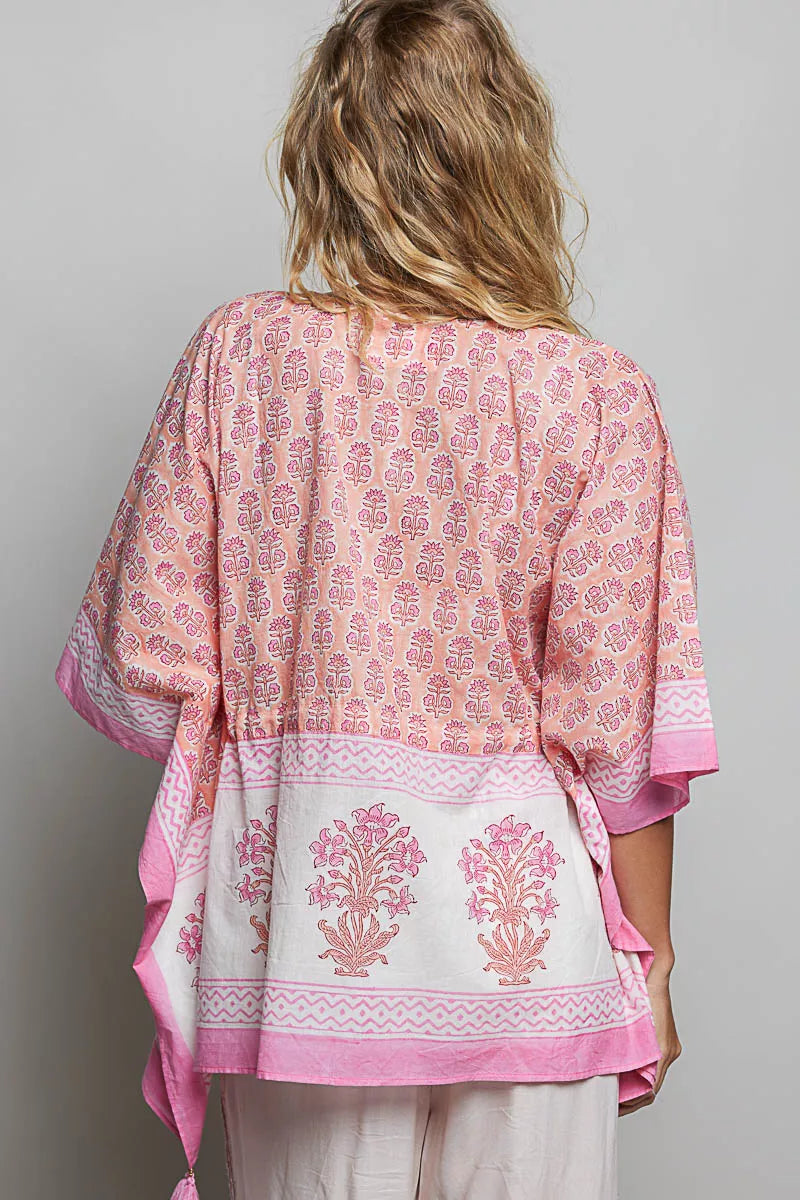 Pol Block Print Floral Tie Front Boho Blouse PINK MULTI view 3 (top) - pol blouse, pol boho blouse, pol - shop at us.meeeshop