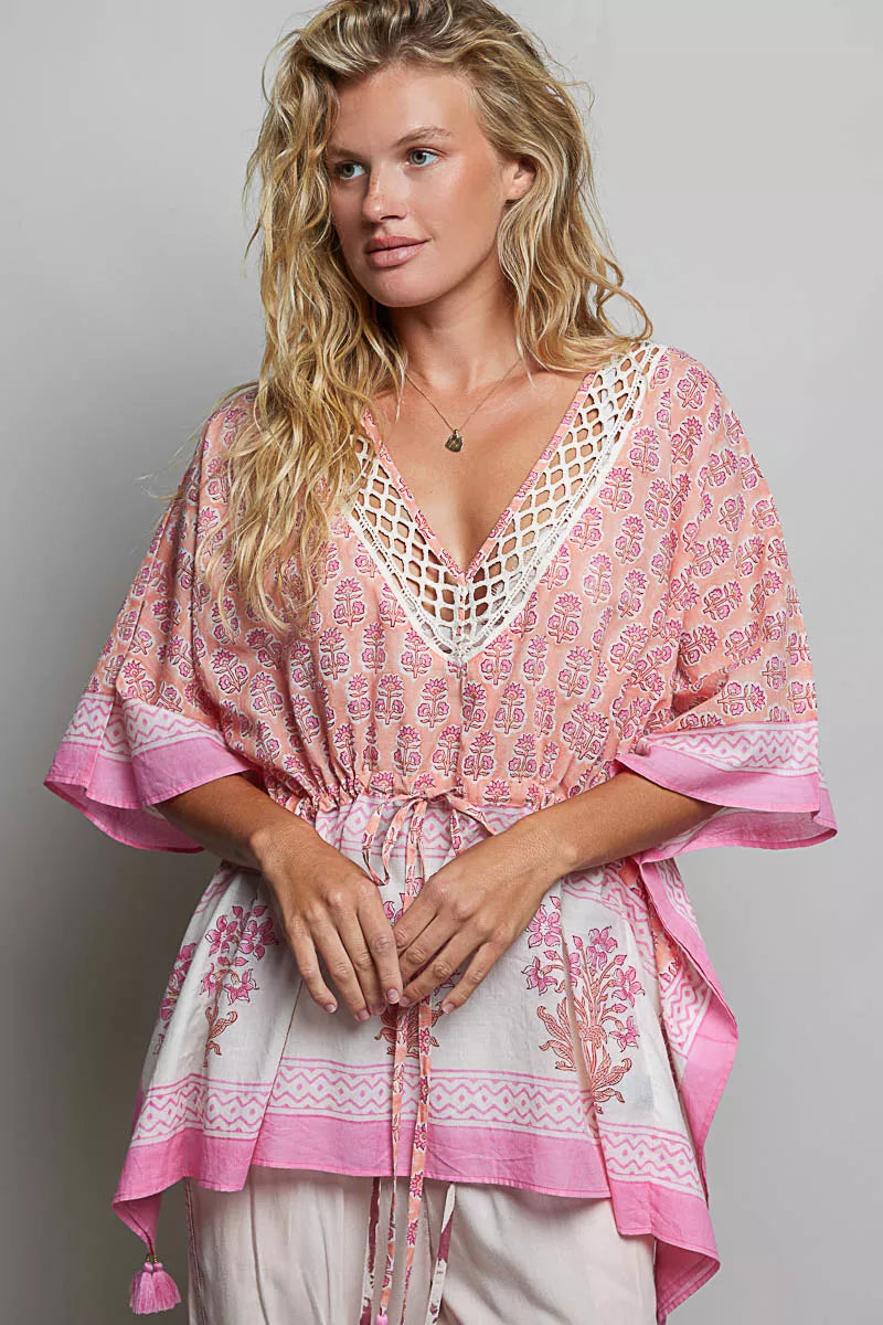 Pol Block Print Floral Tie Front Boho Blouse view 4 (top) - pol blouse, pol boho blouse, pol block prin - shop at us.meeeshop