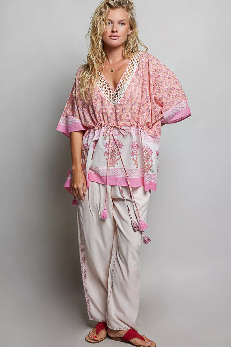 Pol Block Print Floral Tie Front Boho Blouse view 5 (top) - pol blouse, pol boho blouse, pol block prin - shop at us.meeeshop