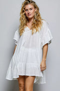 Pol Cotton Ruffle Shirred V-neck Short Sleeve Dress IVORY (dress) - polyester ruffle dress, polyester r - shop at us.meeeshop