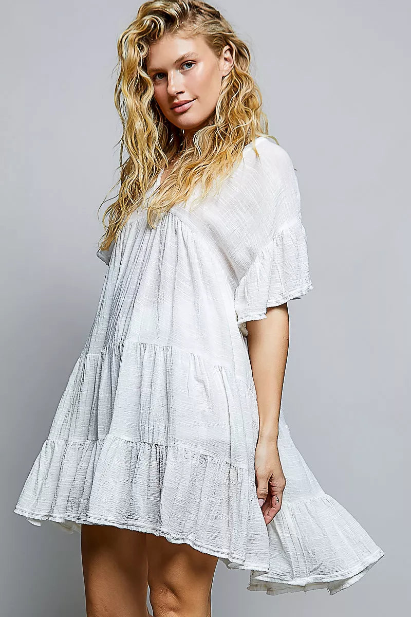 Pol Cotton Ruffle Shirred V-neck Short Sleeve Dress IVORY view 2 (dress) - polyester ruffle dress, poly - shop at us.meeeshop