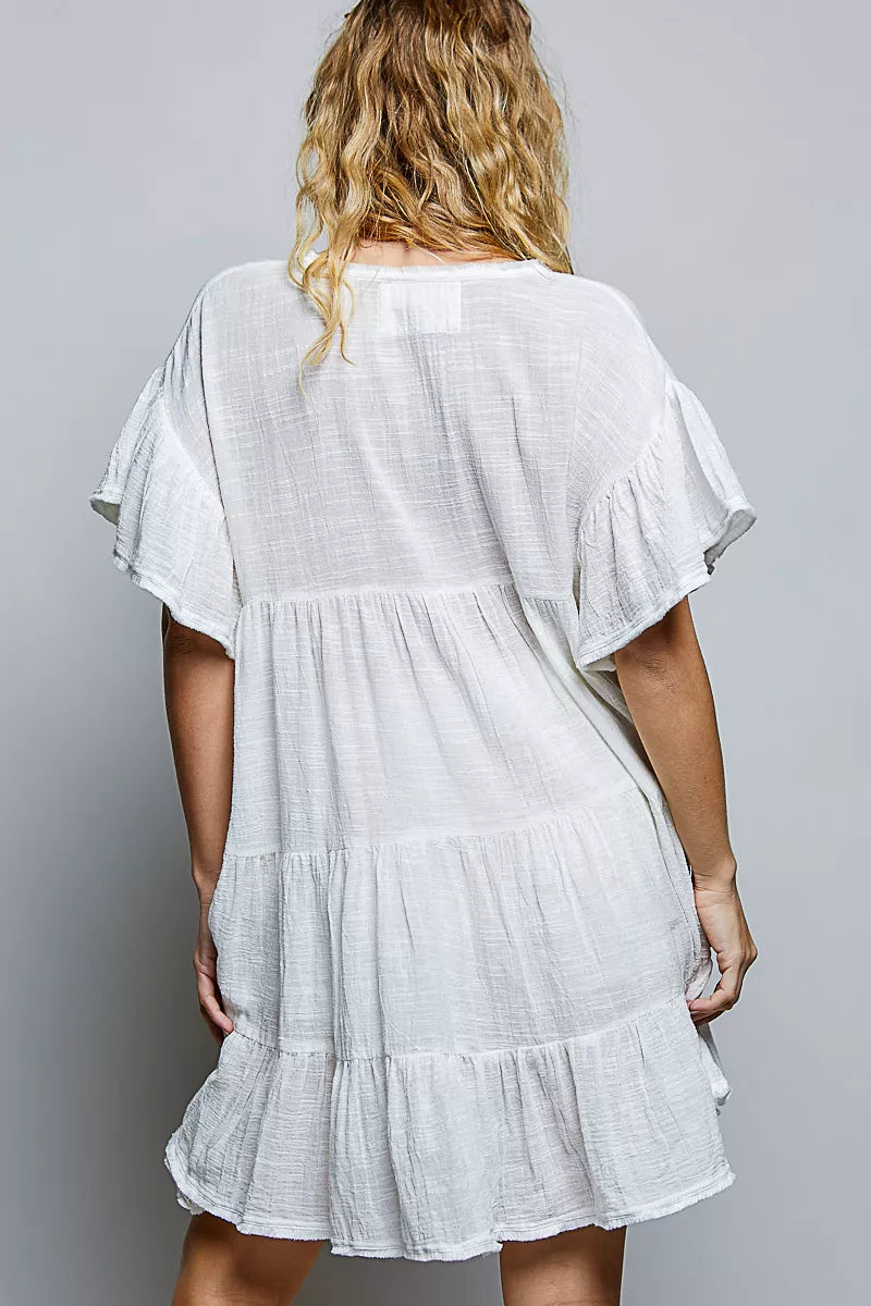 Pol Cotton Ruffle Shirred V-neck Short Sleeve Dress IVORY view 3 (dress) - polyester ruffle dress, poly - shop at us.meeeshop