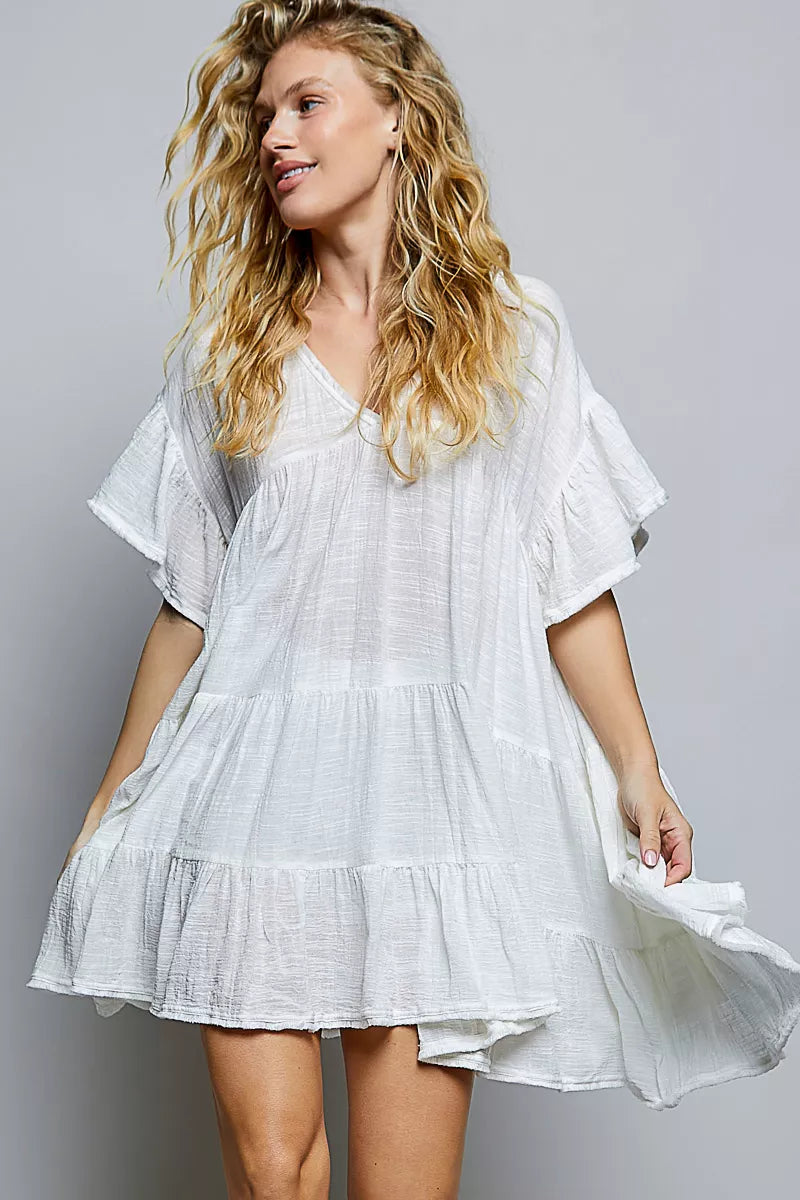 Pol Cotton Ruffle Shirred V-neck Short Sleeve Dress view 4 (dress) - polyester ruffle dress, polyester  - shop at us.meeeshop