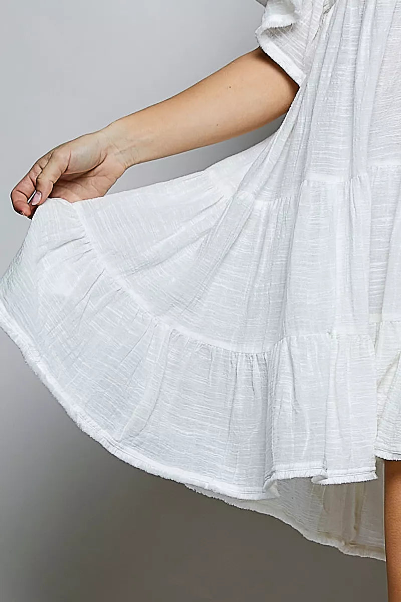 Pol Cotton Ruffle Shirred V-neck Short Sleeve Dress view 6 (dress) - polyester ruffle dress, polyester  - shop at us.meeeshop