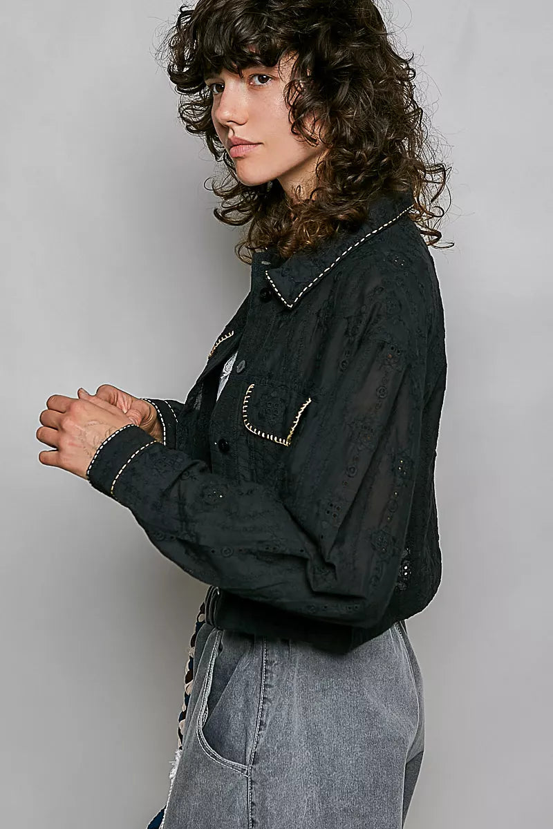 Pol Cropped Button-front Eyelet Cotton Jacket BLACK view 2 (layer) - pol jacket, pol cotton jacket, pol - shop at us.meeeshop