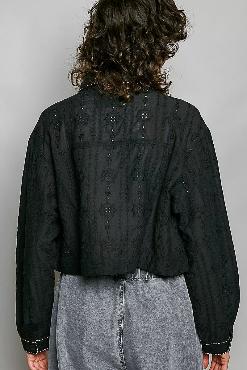 Pol Cropped Button-front Eyelet Cotton Jacket BLACK view 3 (layer) - pol jacket, pol cotton jacket, pol - shop at us.meeeshop