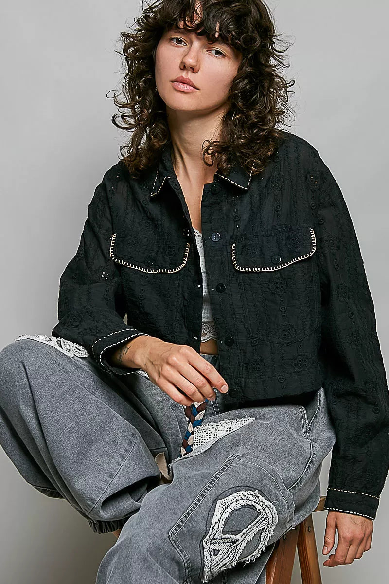 Pol Cropped Button-front Eyelet Cotton Jacket view 4 (layer) - pol jacket, pol cotton jacket, pol cropp - shop at us.meeeshop