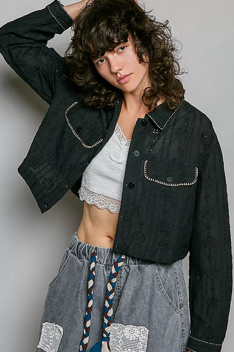 Pol Cropped Button-front Eyelet Cotton Jacket view 5 (layer) - pol jacket, pol cotton jacket, pol cropp - shop at us.meeeshop