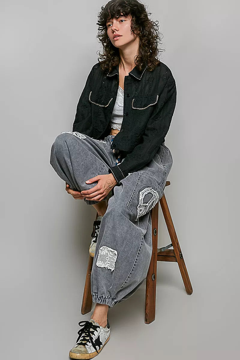 Pol Cropped Button-front Eyelet Cotton Jacket view 6 (layer) - pol jacket, pol cotton jacket, pol cropp - shop at us.meeeshop