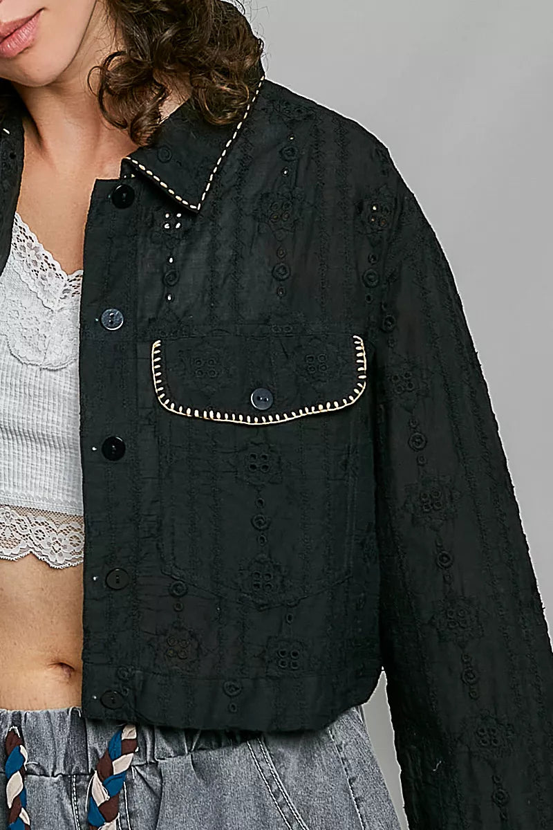Pol Cropped Button-front Eyelet Cotton Jacket view 8 (layer) - pol jacket, pol cotton jacket, pol cropp - shop at us.meeeshop