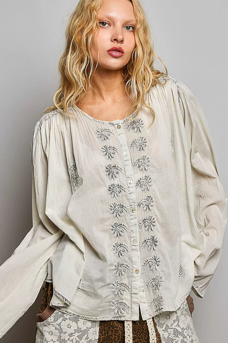 Pol Embroidered Button Front Woven Shirt PALE GREY (top) - pol shirt, pol woven shirt, pol embroidered  - shop at us.meeeshop