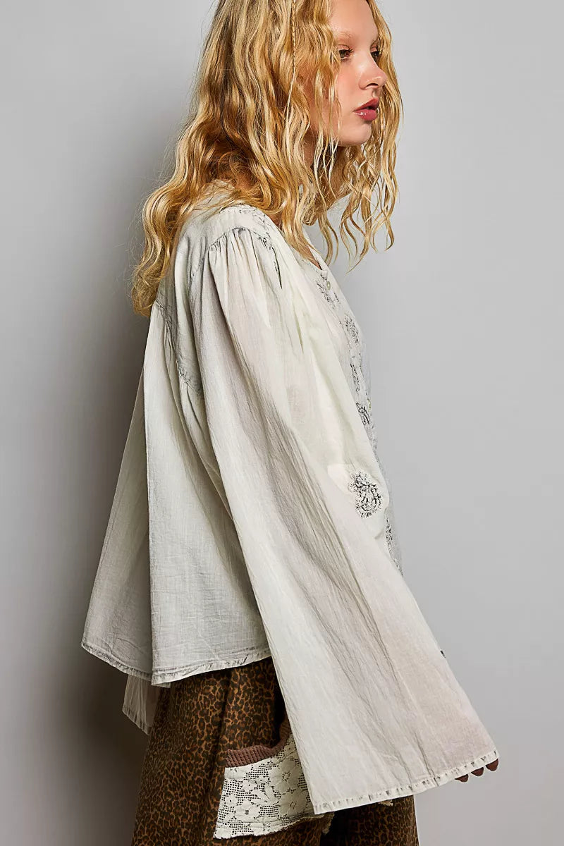 Pol Embroidered Button Front Woven Shirt PALE GREY view 2 (top) - pol shirt, pol woven shirt, pol embro - shop at us.meeeshop