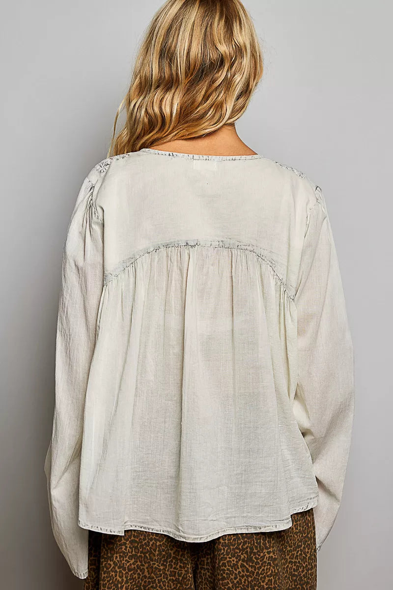 Pol Embroidered Button Front Woven Shirt PALE GREY view 3 (top) - pol shirt, pol woven shirt, pol embro - shop at us.meeeshop