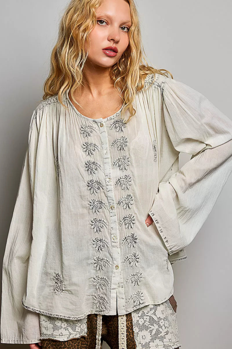 Pol Embroidered Button Front Woven Shirt view 4 (top) - pol shirt, pol woven shirt, pol embroidered but - shop at us.meeeshop