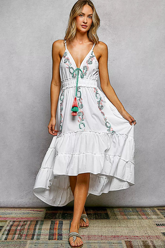 Pol Embroidered Detail Tassel Tie Smocked Waist Midi Tiered Cami Dress in IVORY - Pol Dress