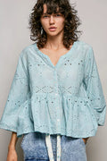 Pol Eyelet Embroidery Peplum Button Front Cotton Shirt AQUA (top) - poly cotton eyelet fabric, pol embr - shop at us.meeeshop