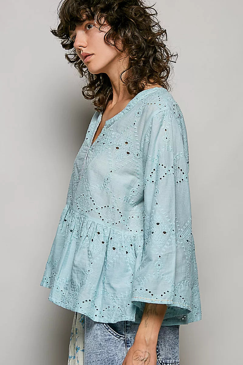 Pol Eyelet Embroidery Peplum Button Front Cotton Shirt AQUA view 2 (top) - poly cotton eyelet fabric, p - shop at us.meeeshop