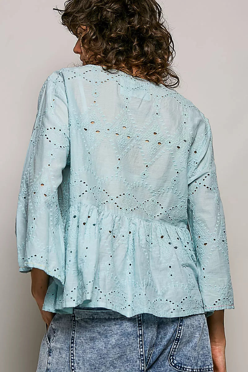 Pol Eyelet Embroidery Peplum Button Front Cotton Shirt AQUA view 3 (top) - poly cotton eyelet fabric, p - shop at us.meeeshop