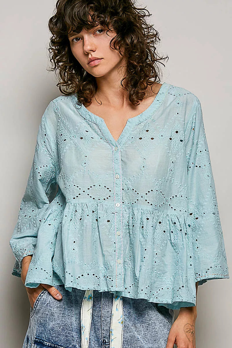 Pol Eyelet Embroidery Peplum Button Front Cotton Shirt view 4 (top) - poly cotton eyelet fabric, pol em - shop at us.meeeshop