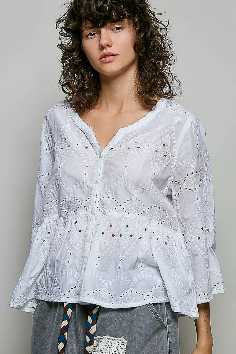 Pol Eyelet Embroidery Peplum Button Front Cotton Shirt view 4 (top) - pol shirt, pol cotton shirt, pol  - shop at us.meeeshop