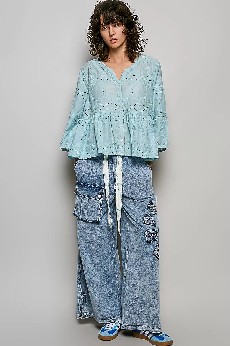 Pol Eyelet Embroidery Peplum Button Front Cotton Shirt view 5 (top) - poly cotton eyelet fabric, pol em - shop at us.meeeshop