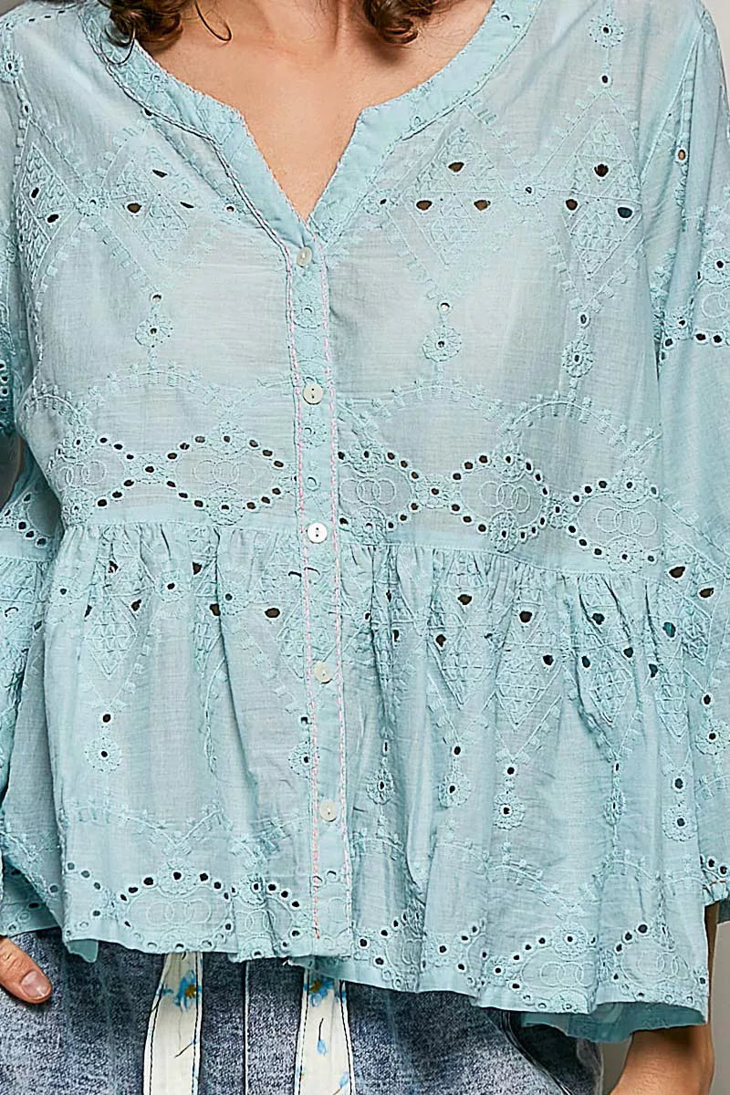 Pol Eyelet Embroidery Peplum Button Front Cotton Shirt view 6 (top) - poly cotton eyelet fabric, pol em - shop at us.meeeshop