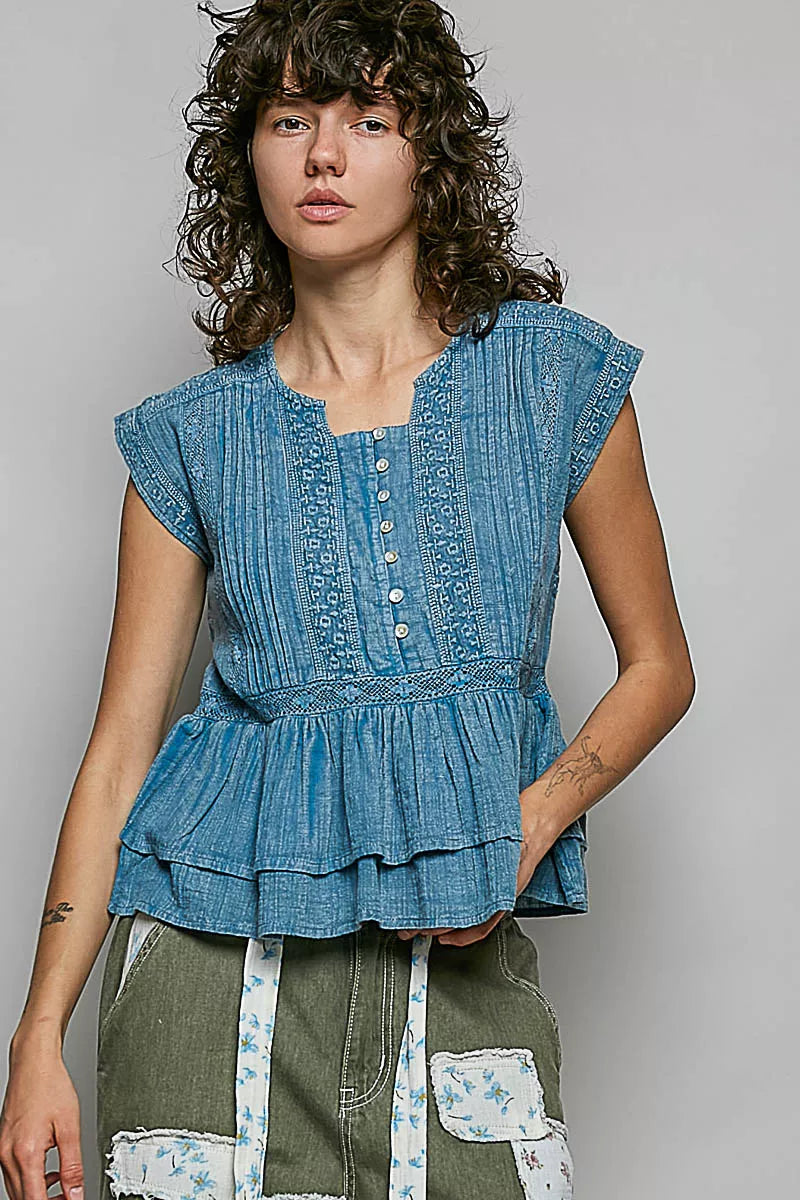 Pol Eyelet Embroidery Pintuck Sleeveless Cotton Blouse DENIM BLUE (top) - pol blouse, pol cotton blouse - shop at us.meeeshop
