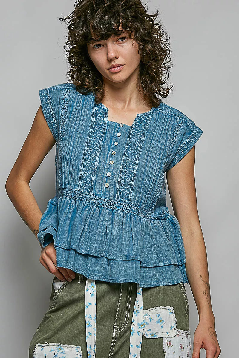 Pol Eyelet Embroidery Pintuck Sleeveless Cotton Blouse DENIM BLUE view 2 (top) - pol blouse, pol cotton - shop at us.meeeshop
