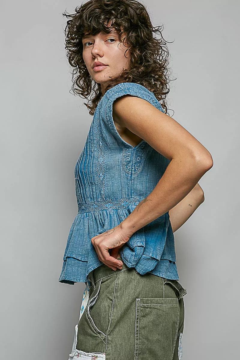 Pol Eyelet Embroidery Pintuck Sleeveless Cotton Blouse DENIM BLUE view 3 (top) - pol blouse, pol cotton - shop at us.meeeshop