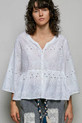 pol eyelet embroidery Pol Eyelet Embroidery Peplum Button Front Cotton Shirt OFF WHITE (top) - shop at us.meeeshop