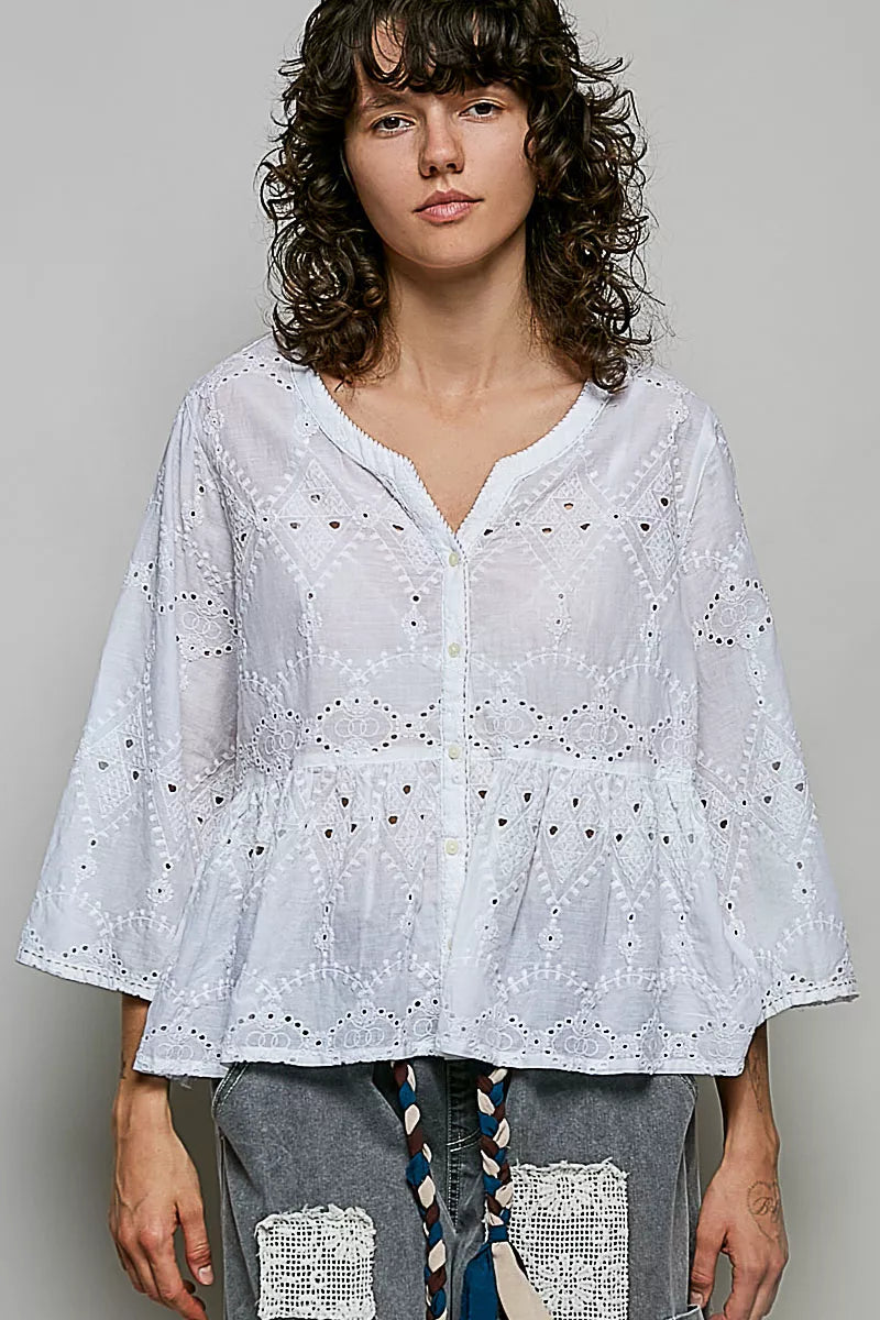 pol eyelet embroidery Pol Eyelet Embroidery Peplum Button Front Cotton Shirt OFF WHITE (top) - shop at us.meeeshop