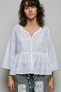 Pol Eyelet Embroidery Peplum Button Front Cotton Shirt