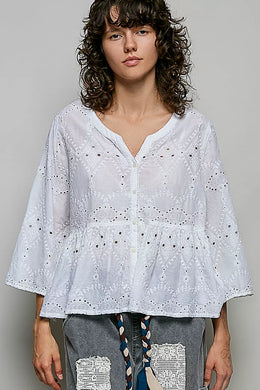 Pol Eyelet Embroidery Peplum Button Front Cotton Shirt