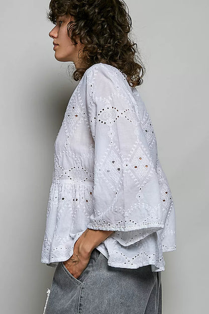 pol eyelet embroidery Pol Eyelet Embroidery Peplum Button Front Cotton Shirt view 2 (top) - shop at us.meeeshop