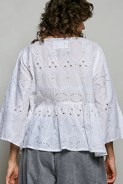 pol eyelet embroidery Pol Eyelet Embroidery Peplum Button Front Cotton Shirt view 3 (top) - shop at us.meeeshop