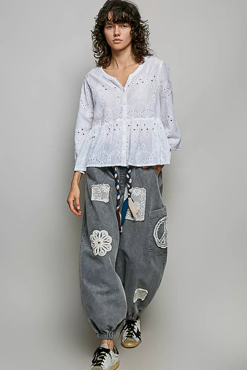 pol eyelet embroidery Pol Eyelet Embroidery Peplum Button Front Cotton Shirt view 5 (top) - shop at us.meeeshop