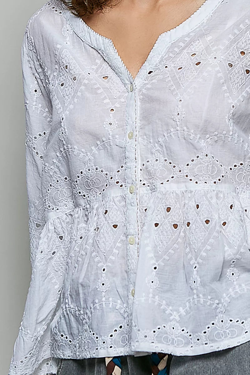 pol eyelet embroidery Pol Eyelet Embroidery Peplum Button Front Cotton Shirt view 6 (top) - shop at us.meeeshop