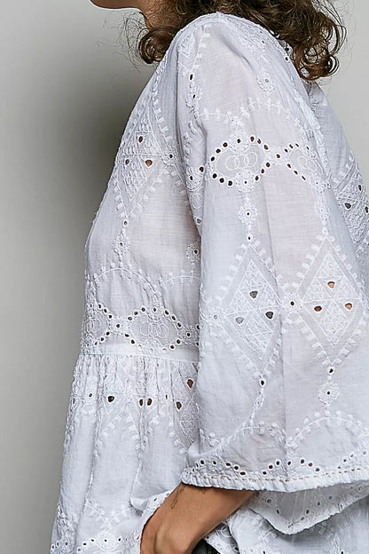 pol eyelet embroidery Pol Eyelet Embroidery Peplum Button Front Cotton Shirt view 7 (top) - shop at us.meeeshop
