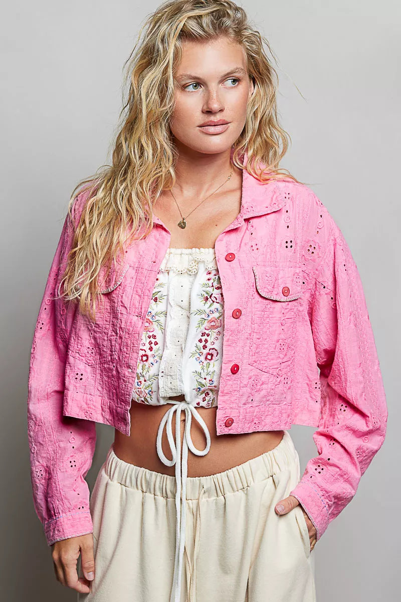 Pol Eyelet Textured Cotton Cropped Button-front Jacket CANDY PINK (layer) - pol jacket, pol button jack - shop at us.meeeshop