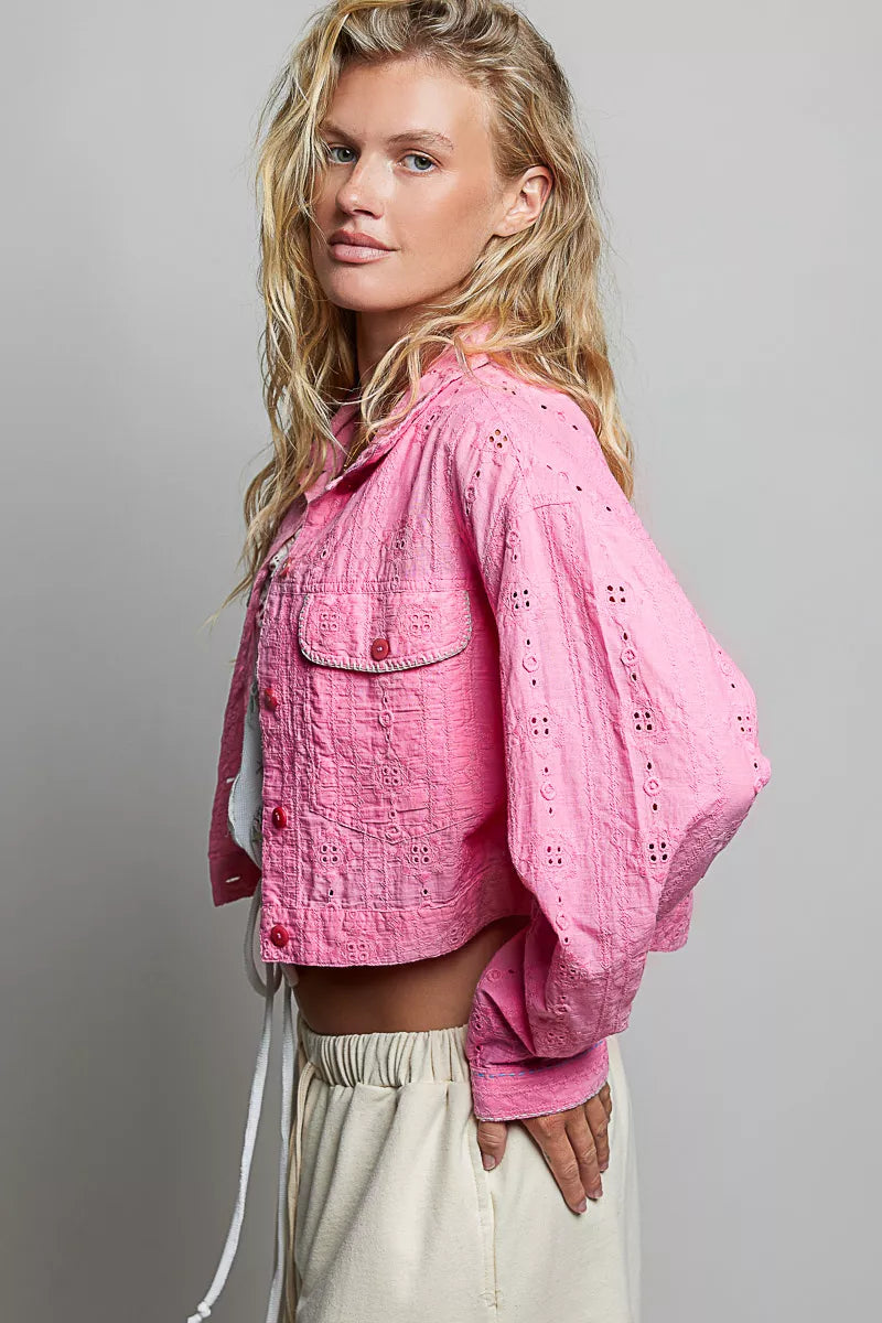 Pol Eyelet Textured Cotton Cropped Button-front Jacket CANDY PINK view 2 (layer) - pol jacket, pol butt - shop at us.meeeshop