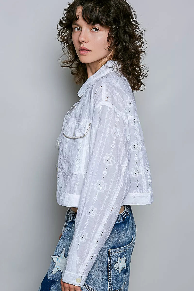 Pol Eyelet Textured Cotton Cropped Button Front Jacket OFF WHITE view 2 (layer) - pol jacket, pol butto - shop at us.meeeshop