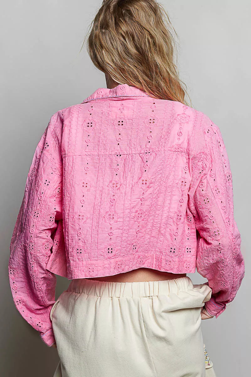 Pol Eyelet Textured Cotton Cropped Button-front Jacket CANDY PINK view 3 (layer) - pol jacket, pol butt - shop at us.meeeshop