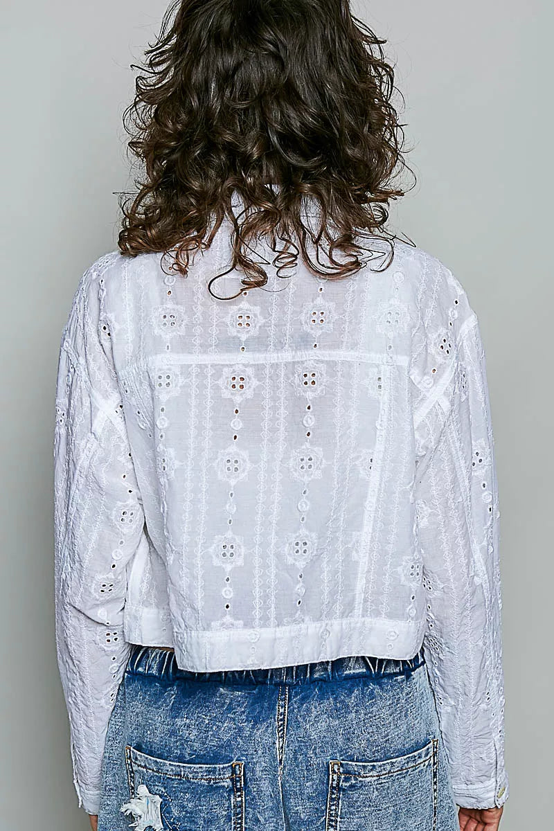 Pol Eyelet Textured Cotton Cropped Button Front Jacket OFF WHITE view 3 (layer) - pol jacket, pol butto - shop at us.meeeshop