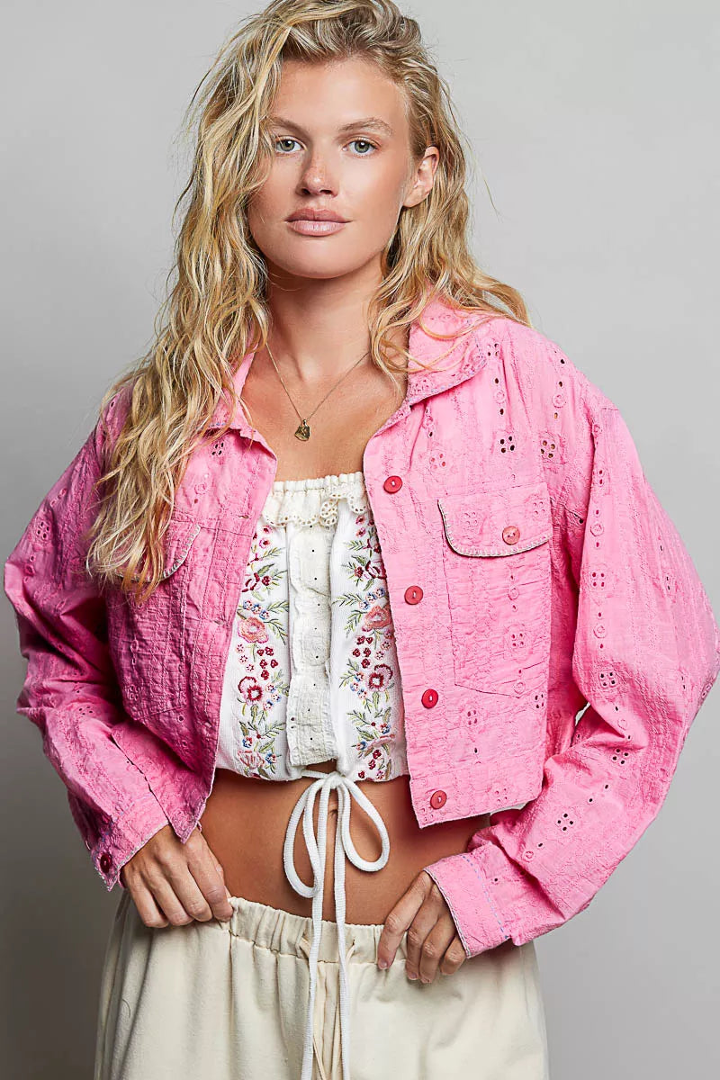 Pol Eyelet Textured Cotton Cropped Button-front Jacket view 4 (layer) - pol jacket, pol button jacket,  - shop at us.meeeshop
