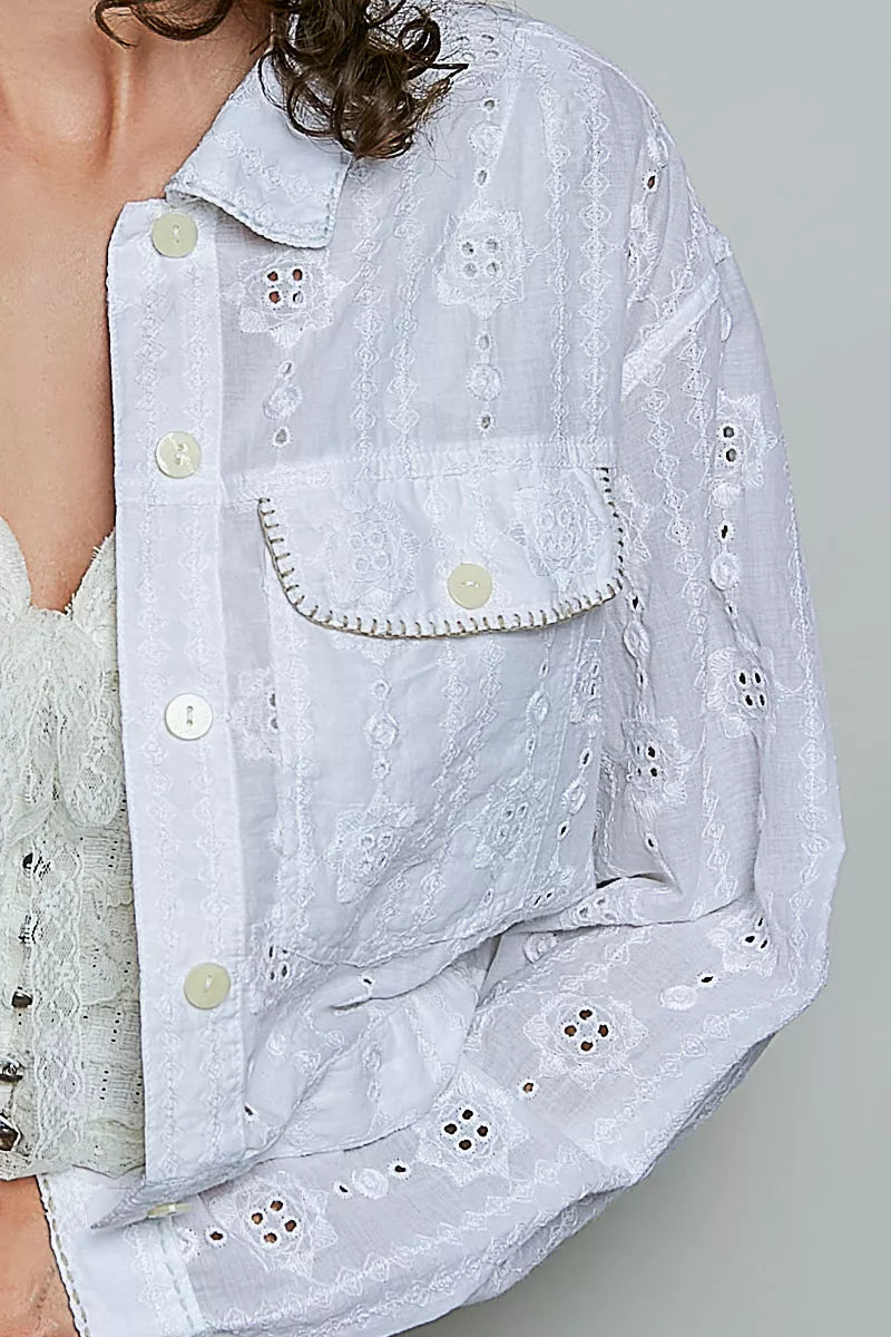 Pol Eyelet Textured Cotton Cropped Button Front Jacket view 6 (layer) - pol jacket, pol button jacket,  - shop at us.meeeshop