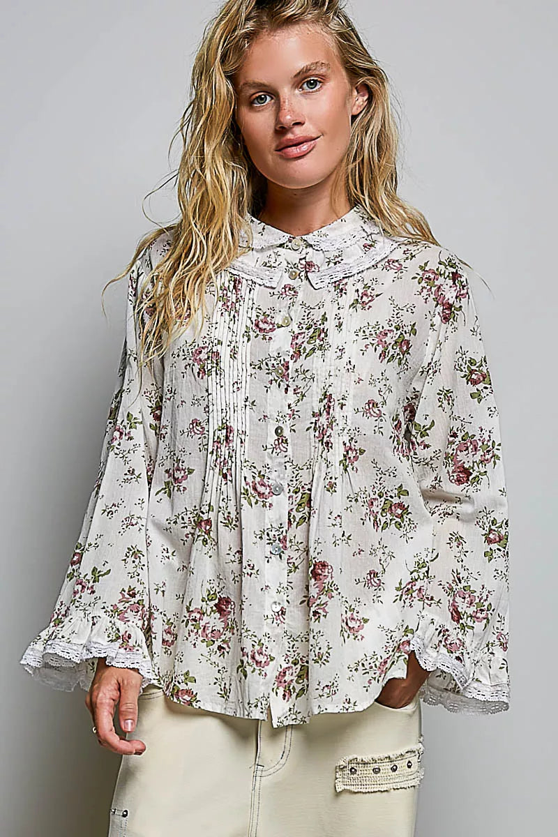 pol floral lace Pol Floral Lace Trim Pintuck Button-down Shirt IVORY FLORAL (top) - shop at us.meeeshop