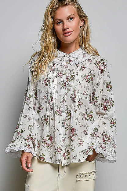 pol floral lace Pol Floral Lace Trim Pintuck Button-down Shirt IVORY FLORAL (top) - shop at us.meeeshop
