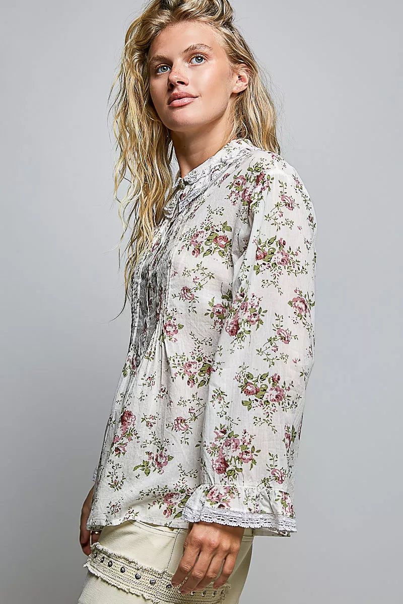 pol floral lace Pol Floral Lace Trim Pintuck Button-down Shirt view 2 (top) - shop at us.meeeshop