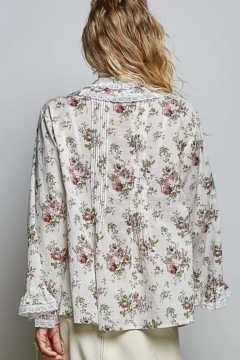 Pol Floral Lace Trim Pintuck Button-down Shirt IVORY FLORAL view 3 (top) - pol floral lace top, pol flo - shop at us.meeeshop